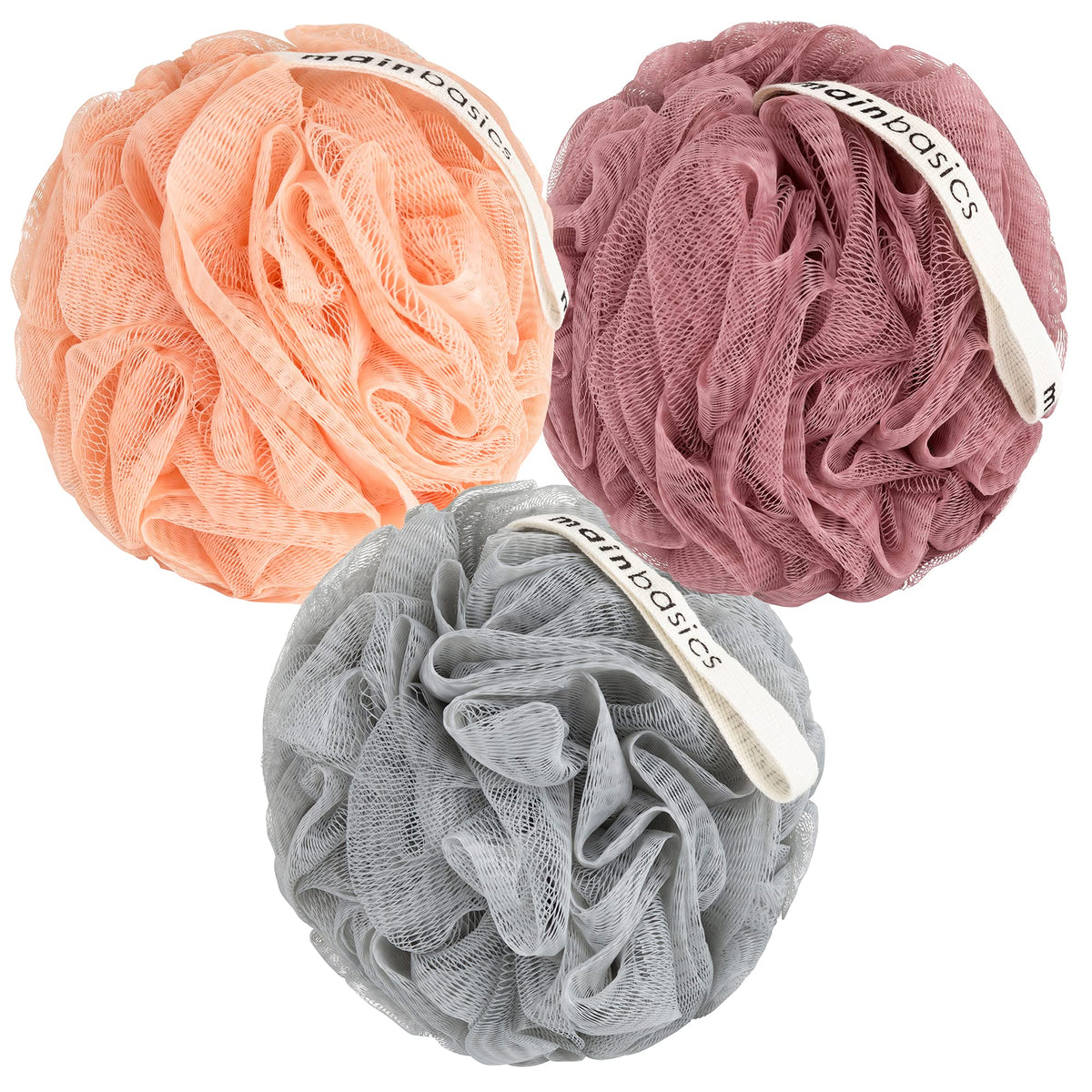MainBasics Shower Loofah Sponge Pouf, Set of 3, Airy Blossom