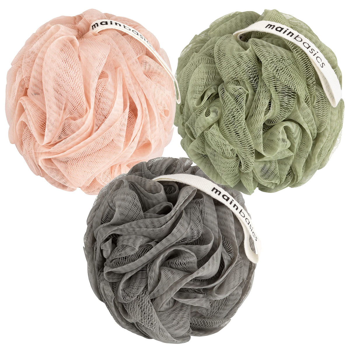 MainBasics Shower Loofah Sponge Pouf, Set of 3, Airy Blossom